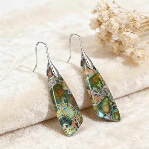 Boho Natural Imperial Jasper Teardrop Dangle Earrings for Women – Hypoallergenic French Hook Stone Drop Earrings Jewelry - color: Green Silvery Hook