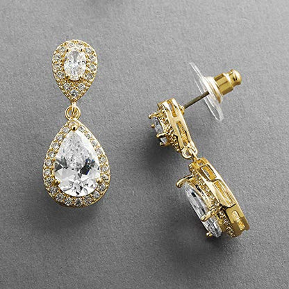 Mariell Cubic Zirconia Crystal Teardrop Dangle Bridal and Wedding Earrings, CZ Jewelry for Brides, Bridesmaids, Homecoming, Prom and Dressy Everyday Wear - color: Gold-Clear Cubic Zirconia