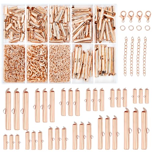 EuTengHao Slider Clasp Kit, Beading Tube Slide Cord Ends Slide Tube End Bar with Lobster Clasp Chain Extender Jewelry Finding for Jewelry Making (6 Sizes, Rose Gold) - color: Rose Gold