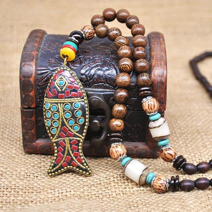 Wood Bead Necklace Africa Wooden Chain Statement Unisex Chunky Necklaces - color: Fish