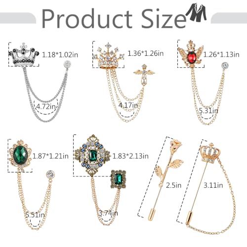9PCS Men's Brooch Suit Pin with Chains Suit Tuxedo Accessory for Men | Crystal Rhinestone Crown Hanging Chain Brooch with Stone Detailing