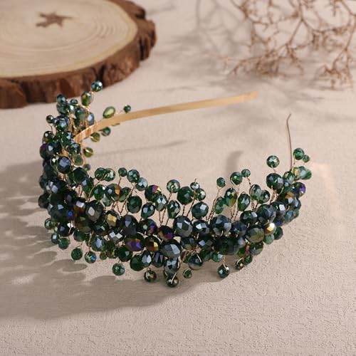 Denifery Large Crystal Headband for Wedding Bridal Hair Band Headpiece for Party Prom Hair Accessories (green) - color: green