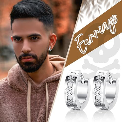 Aroncent 2-8Pcs Womens Mens Huggie Hoop Triangle Earrings Viking Runes Stainless Steel Ear Stud Novelty Black/Gold/Silver - color: D-Skull Hoop Earrings-Sliver