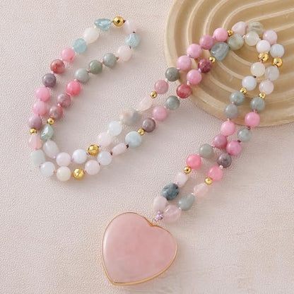 Long Necklaces for Women Boho, Oval Waterdrop Turquoise Pendant, Natural Stone Beaded, Handmade,Vintage & Elegance, Boho Fashion Charm Beaded Necklace for Women - style: L-Heart PinkQuartz Pendant