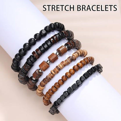 Mens Beaded Bracelets Tribal Wooden Elastic Adjustable Prayer Beads Wrap Cuff for Women - color: T: 6pcs