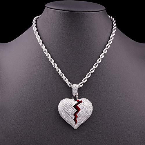 Broken Heart Pendant Necklace Hip Hop CZ Fully Iced Out Bling CZ Diamond 24K White Gold Plated with 24" Stainless Rope Chain - color: Silver