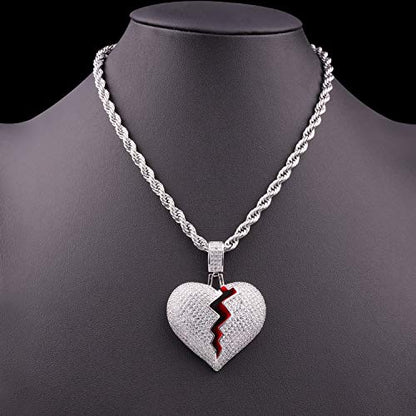 Broken Heart Pendant Necklace Hip Hop CZ Fully Iced Out Bling CZ Diamond 24K White Gold Plated with 24" Stainless Rope Chain - color: Silver