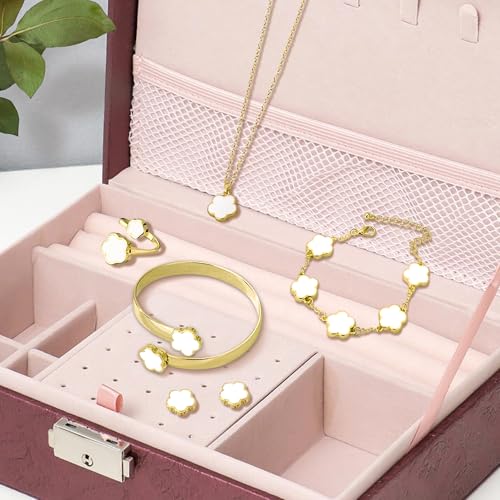 Lucky Flower Alloy Jewelry, Lucky Flower Design Necklace Earrings Bracelet Bangle Ring Jewelry Set, Clover Gold Plated Chain Wrap Ornament & Plush Pouch for Women - color: White