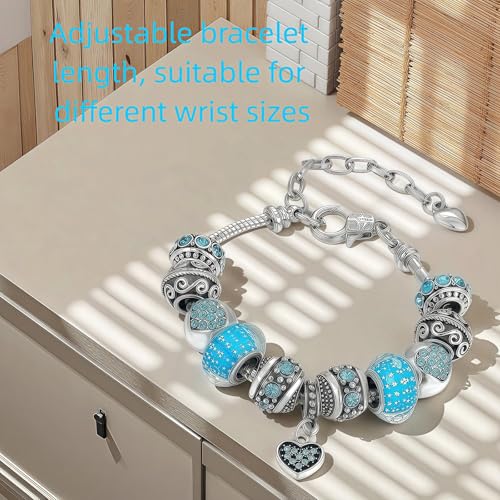 Pink Hearts Silver Plated Charm Bracelet, DIY Jewelry for Women with Beads, Charms, and Adjustable Snake Chain, Fits 7.5"+1.5" - color: Blue, size: 19cm