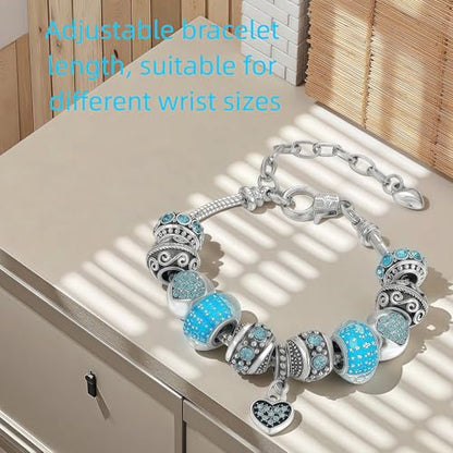 Pink Hearts Silver Plated Charm Bracelet, DIY Jewelry for Women with Beads, Charms, and Adjustable Snake Chain, Fits 7.5"+1.5" - color: Blue, size: 19cm