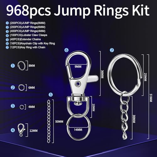 LEOBRO Jump Rings, 968pcs Keychain Making Kit, Keychain Clip and Key Ring, Key Chain Rings, Lobster Claw Clasps for Keychains, Charm Bracelet Jewelry, Silver - color: Silver