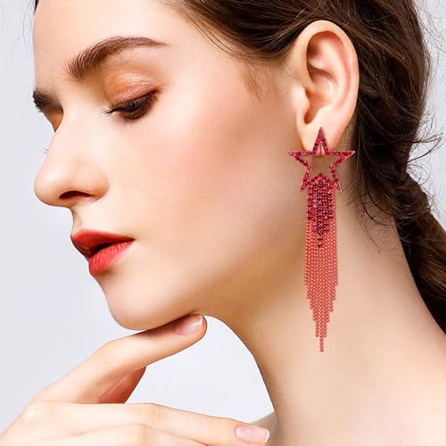 EVER FAITH Crystal Long Waterfall Star Tassel Clip-on Earrings for Women | Rhinestone Beaded Fringe Chandelier Dangle Statement Earring, Wedding Party Jewelry - color: Red Red-Tone