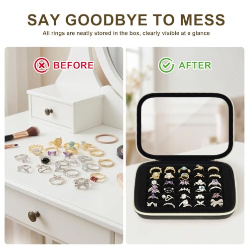 PAIYULE Ring Organizer Box with Clear Top for 30+ Pcs, 6-Row Velvet Display | 6-Row Velvet Insert, Holds 30+ Rings, EVA Hard Shell, Case Only, For Vanity Display & Travel, Black - color: Black
