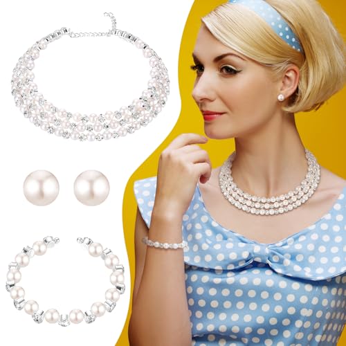 Glenmal Pearl Rhinestone Jewelry Set for Women Pearl Necklace Bracelet Earrings for Wedding Halloween Bridal Shower Tea Party - style: Exquisite Style