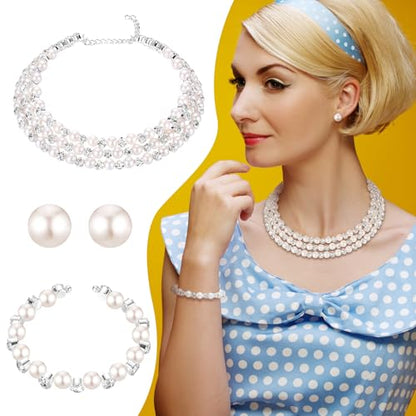 Glenmal Pearl Rhinestone Jewelry Set for Women Pearl Necklace Bracelet Earrings for Wedding Halloween Bridal Shower Tea Party - style: Exquisite Style