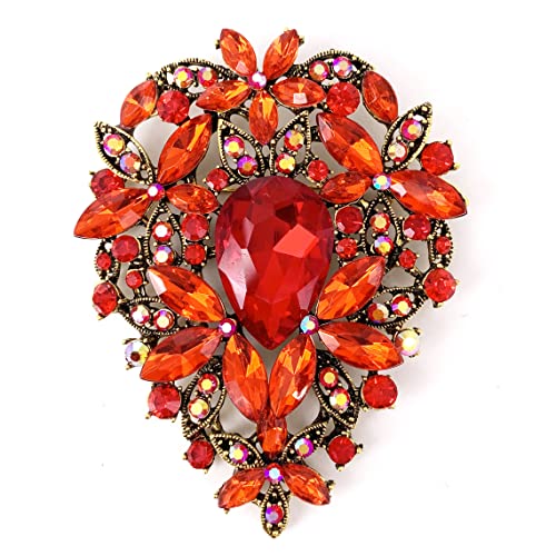 SELOVO Leaf Bouquet Scarf Big Brooch Pin Broach Crystal Jewelry - color: Red