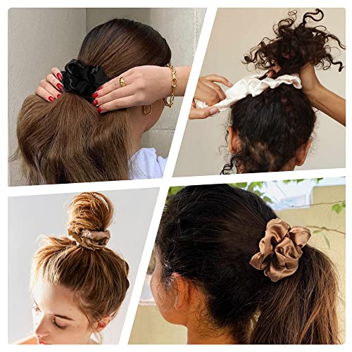 Ivyu Satin Hair Bands and Scrunchies: Thick Curly Hair Ponytail Holders for Girls, No Crease or Damage, Cute Brown Pink