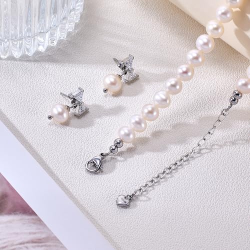 Freshwater Cultured Pearl Necklace Set Includes Cute Bow Pearl Earrings Jewelry for Women - size: 7 to 8mm
