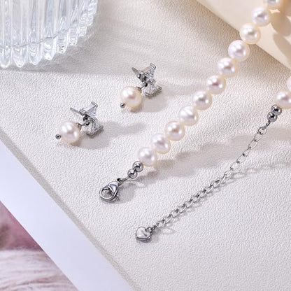 Freshwater Cultured Pearl Necklace Set Includes Cute Bow Pearl Earrings Jewelry for Women - size: 7 to 8mm
