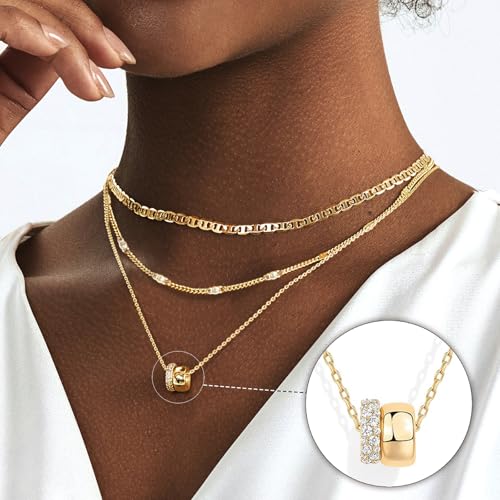 OGD Layered CZ Rondelle Pendant Necklaces for Women, 14K Gold Plated Trendy Mariner Chain Dainty Circle Rondelle Pendant Choker Necklace for Women Two-Toned Cubic Zirconia Gold Necklace - color: Gold Rondelle Layered-3PCS