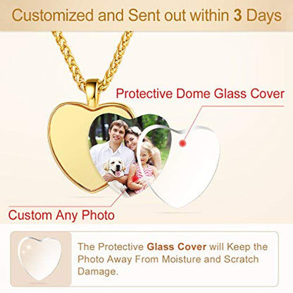 Custom4U Personalized Photo Necklace - Custom Heart/Oval/Round Charm Necklaces with Picture + Chain Adjustable - Stainless Steel/Acrylic Pendant Memorial Jewelry Christmas Gifts for Women - color: B-Gold Color