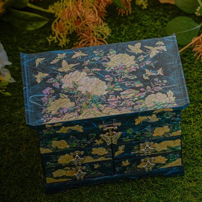 February Mountain Mother of Pearl Wooden Jewelry Organizer Box – Jewelry Storage Box for Women, Features Spacious Drawers, Ideal for Rings, Bracelets, Watches, Chains, Accessories (Peony_Blue) - style: Peony_Blue