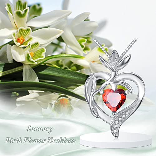 TOUPOP Birth Flower Necklace 925 Sterling Silver Heart Birthstone Pendant Necklaces Birth Month Floral Jewelry Birthday Valentines Day Mothers Day Gifts for Women Wife Mom - style: 1-January-Snowdrop