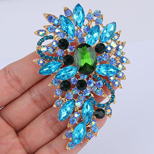 EVER FAITH Women's Austrian Crystal Wedding Flower Leaf Bouquet Brooch - color: Aquamarine-color w/ Green