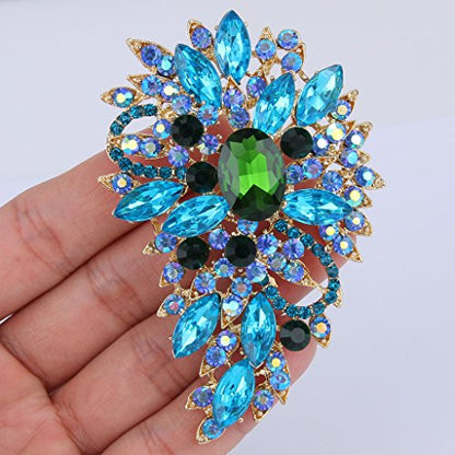 EVER FAITH Women's Austrian Crystal Wedding Flower Leaf Bouquet Brooch - color: Aquamarine-color w/ Green