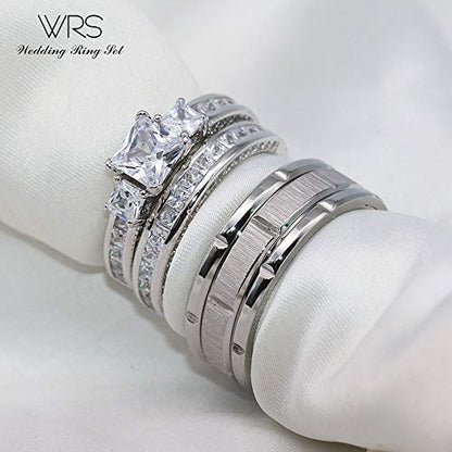 His Hers Wedding Ring Sets Couples Matching Rings Women's 10k White Gold Filled Square CZ Wedding Engagement Ring Bridal Sets & Men's Tungsten Carbide Wedding Band - style: women's size 9 & men's size 9
