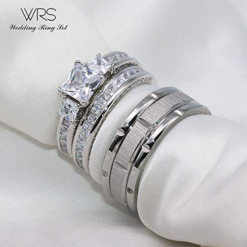 His Hers Wedding Ring Sets Couples Matching Rings Women's 10k White Gold Filled Square CZ Wedding Engagement Ring Bridal Sets & Men's Tungsten Carbide Wedding Band - style: women's size 10 & men's size 10