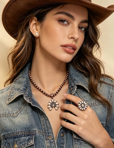 TOPACC Western Jewelry Set for Women Navajo Pearl Necklace Turquoise Cowgirl Accessories for Country Concert Outfit - color: B-White