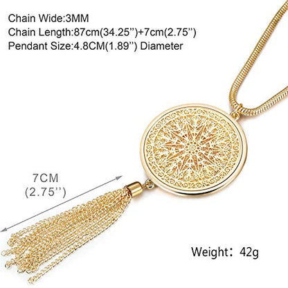 SEVENSTONE 3PCS Long Pendant Necklaces for Women Knot Disk Circle Tassel Statement Sweater Necklace Set - color: Gold