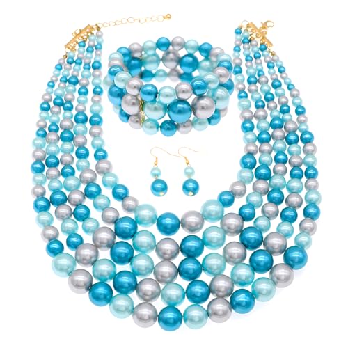 JNF Large Faux Pearl Necklaces for Women Multi strand Pearl Necklace Bracelet and Earrings Set 1920s Costume Pearls Necklace Jewelry Accessories - color: pearl necklace set blue