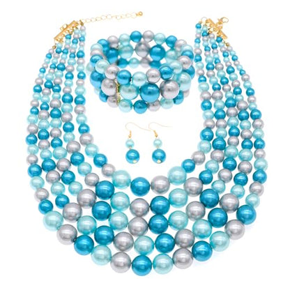 JNF Large Faux Pearl Necklaces for Women Multi strand Pearl Necklace Bracelet and Earrings Set 1920s Costume Pearls Necklace Jewelry Accessories - color: pearl necklace set blue
