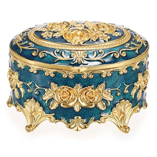 Hipiwe Vintage Metal Jewelry Box - Oval Trinket Ring Case with Gold Rose | Jewelry Storage Boxes for Ring Earrings Necklace, Keepsake Box for Women - color: Blue