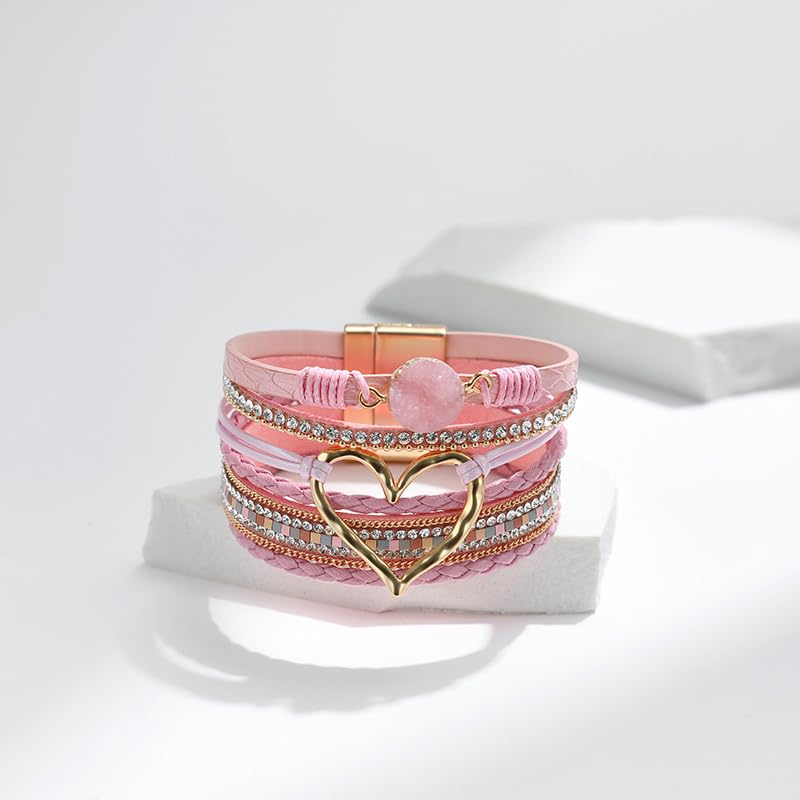 Multilayer Faux Leather Wrap Bracelet with Open Heart Charm Bohemian Stackable Crystal Clasp Bracelet for Women Birthday Gift - color: Pink