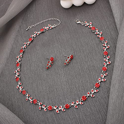 Austrian Crystal Rhinestone Choker Necklace Dangle Earring Link Bracelet Jewelry Set for Brides Bridesmaid Prom Costume Accessories for Women - color: En001-Siam-Platinum Plated