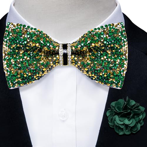DiBanGu Mens Rhinestone Bow Tie with Ring and Lapel Pin Set | Adjustable Strap,Pre-tied Style,3PCS,Sequin Diamond Bowties，Solid/Mix Color,Shiny Accessory,for Party Prom Banquet Wedding - color: Green and Yellow
