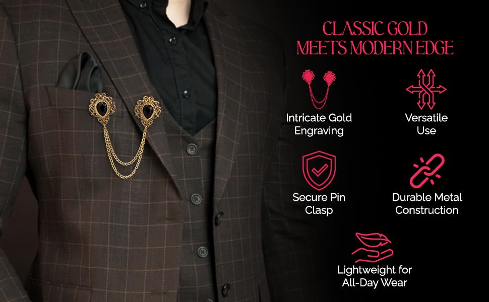 Knighthood Brooch Pin Black Stone and Gold Engraving Chain Brooch Lapel Pin Accessories for Men Women
