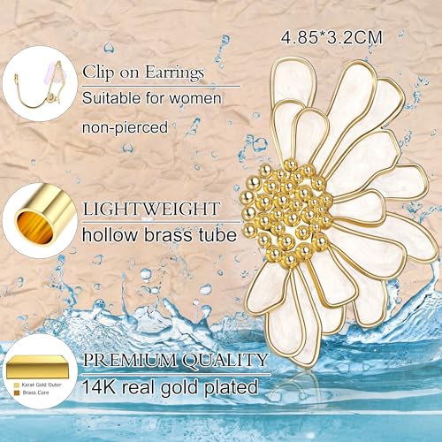 Gold Clip On Earrings for Women Trendy Non Piercing Flower Dangle Earrings Floral Earring 14K Gold Plated Lightweight Earrings for Non-Pierced Ears Fake Earrings Set - style: Daisy Flower