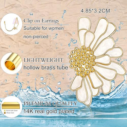 Gold Clip On Earrings for Women Trendy Non Piercing Flower Dangle Earrings Floral Earring 14K Gold Plated Lightweight Earrings for Non-Pierced Ears Fake Earrings Set - style: Daisy Flower