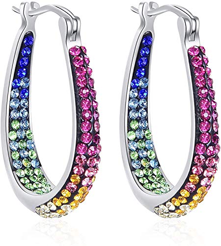 Savlano 14K White Gold Plated Inside Out Crystal Hoop Earrings For Women Comes With Savlano Gift Box - color: Rainbow