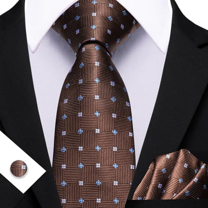 YOHOWA Men Plaid/Striped Ties Clip Set Silk Necktie Pocket Square Cufflinks | Woven Classic,Formal/Casual Mens Tie,Pocket Square Cufflinks Set,Luxury,Business,Wedding,Party,Prom,Graduation - color: Brown