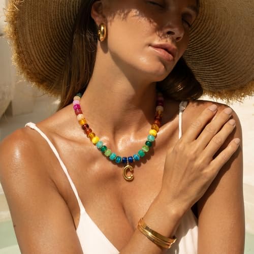 Chunky Beaded Bubble Initial Pendant Necklace Jewelry for Women | Big Large Bead Choker Letter Necklace Summer Beach Beachy Womens Statement Charm Gifts - color: Colorful C