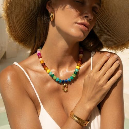 Chunky Beaded Bubble Initial Pendant Necklace Jewelry for Women | Big Large Bead Choker Letter Necklace Summer Beach Beachy Womens Statement Charm Gifts - color: Colorful C