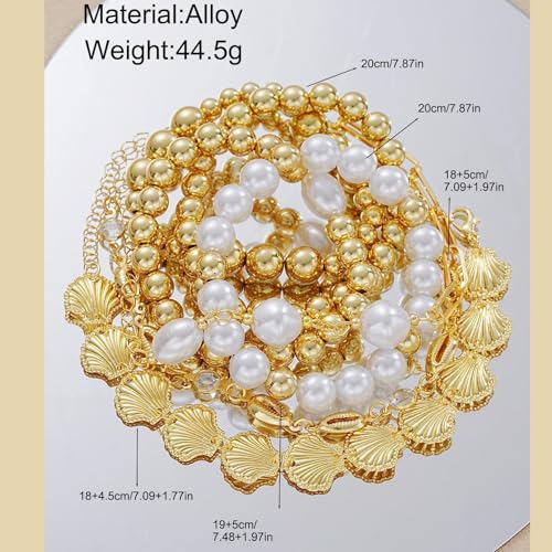 7-Piece Beaded Seashell Scallop Faux Pearl Bracelet Set, Elegant Stackable Hand Jewelry for Women - color: Gold, size: One Size