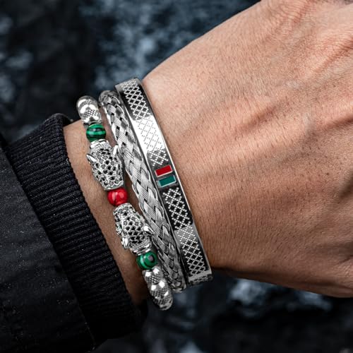 3pcs/set Classical Handmade Braiding Bracelet Hip Hop Men Pave CZ Leopard Head Roman Numeral Bracelet Stainless Steel Jewelry - color: 3pcs S Double Leopard Head Silvery