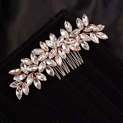 Teyglen Simple Full Rhinestones Wedding Hair Comb - Crystal Hair Pieces Luxurious Accessories for Bride - Bridal Side Hair Combs for Women and Girls (Rose Gold) - color: Rose Gold