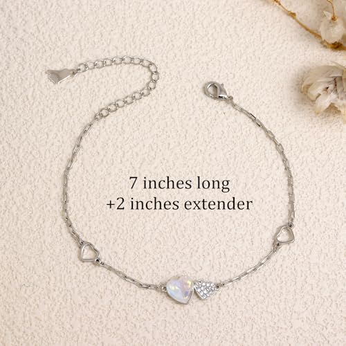 Silver Heart Charm Link Anklet for Women, Adjustable Handmade Cubic Zirconia Stackable Waterproof Summer Beach Chain Anklets Jewelry Accessories Gift - color: Silver Opal Heart